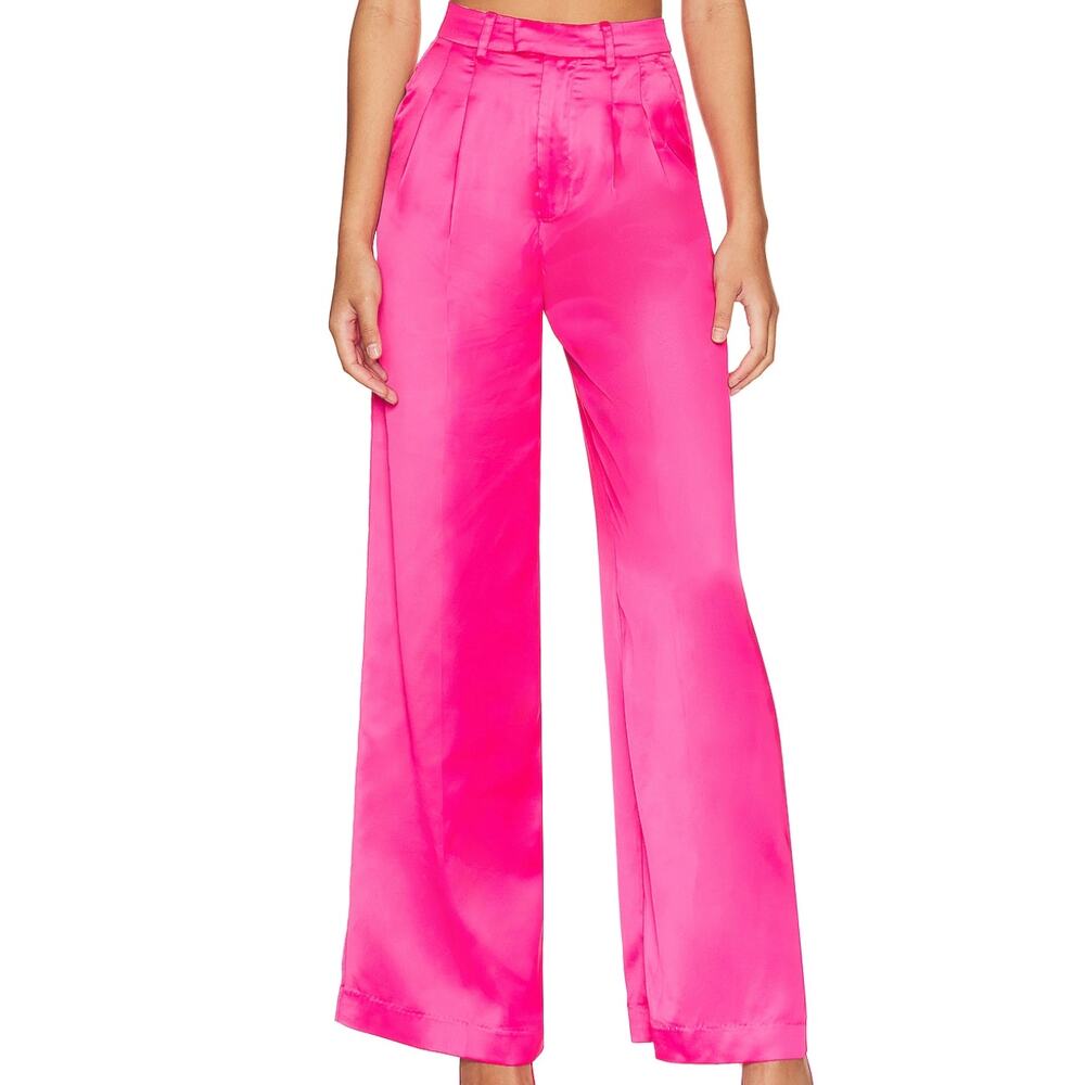 Lovers + Friends Barbie Pink Satin Wide Leg Pant XS Trouser High Rise $198 NEW